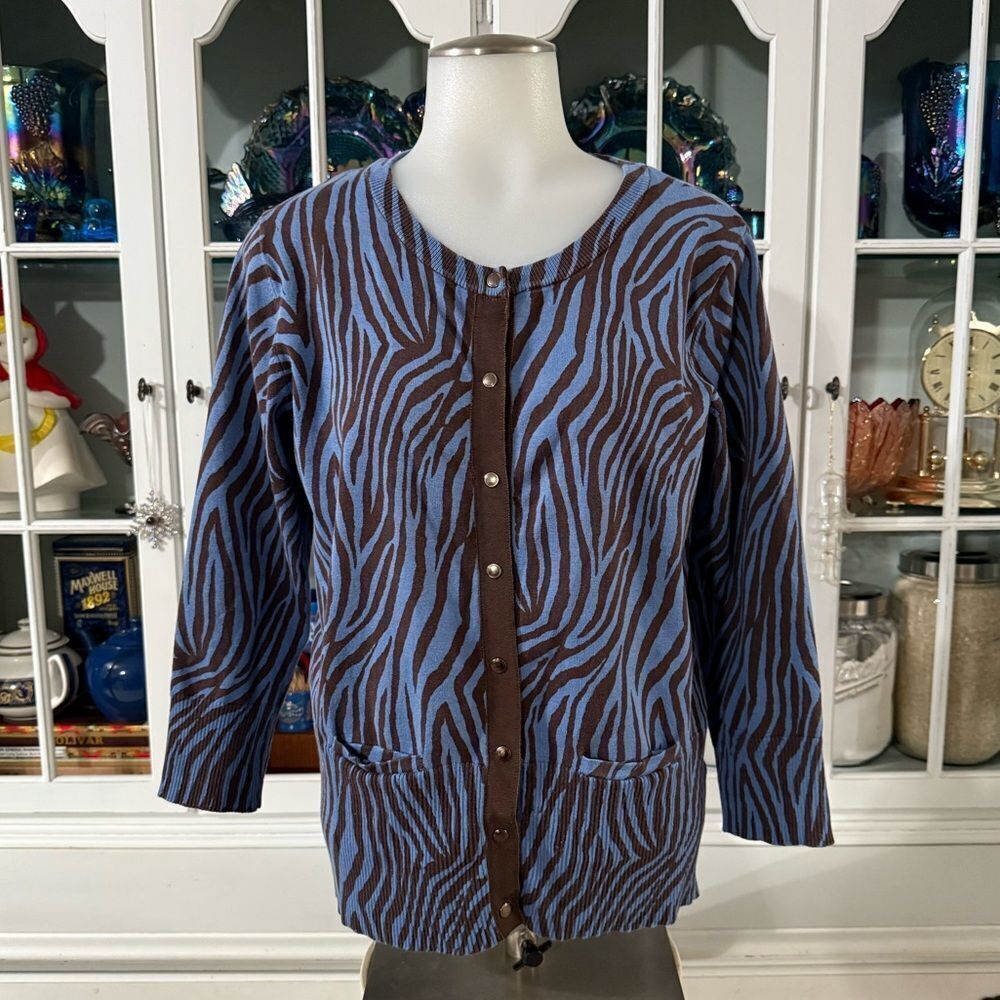 A Line Zebra Print Button-Up Cardigan Blue & Brown Size Large